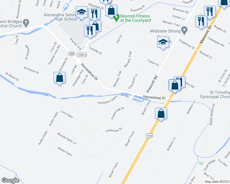 map of restaurants, bars, coffee shops, grocery stores, and more near 1704 Horseshoe Drive in Alexandria