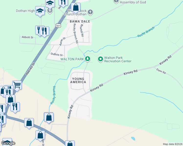 map of restaurants, bars, coffee shops, grocery stores, and more near 124 Young America Drive in Dothan