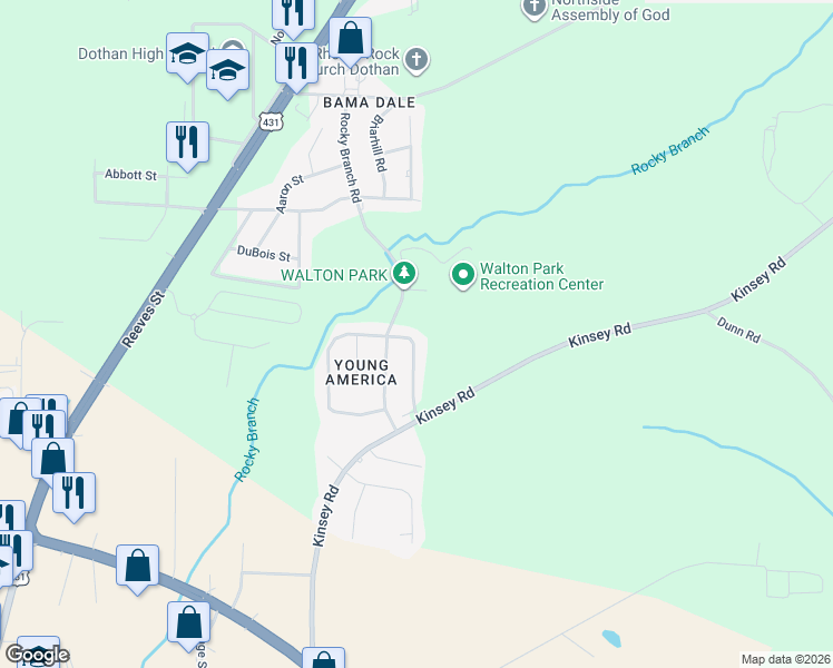 map of restaurants, bars, coffee shops, grocery stores, and more near 124 Young America Drive in Dothan