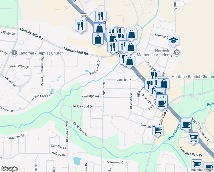 map of restaurants, bars, coffee shops, grocery stores, and more near 2000 Deerpath Road in Dothan