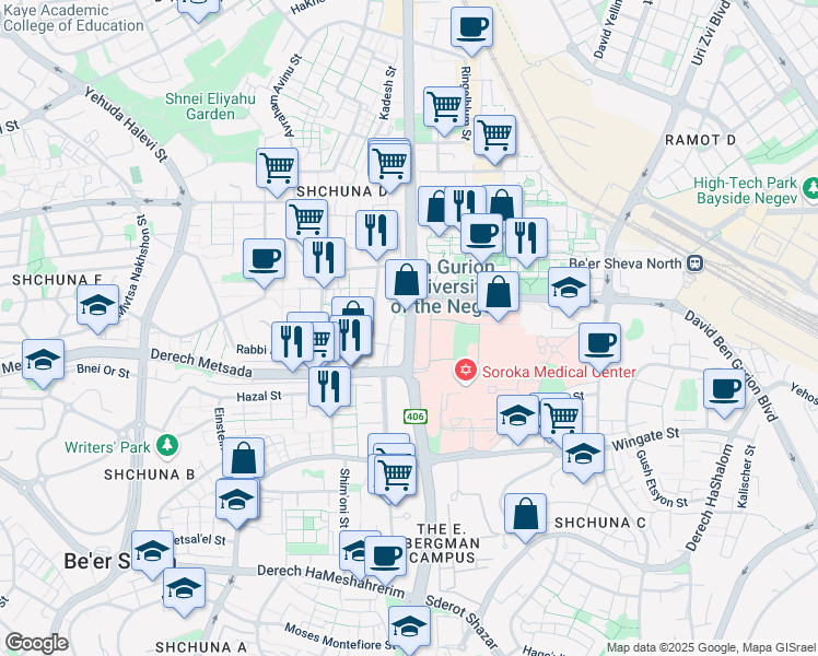 map of restaurants, bars, coffee shops, grocery stores, and more near Yitzhack I. Rager Boulevard in Be'er Sheva