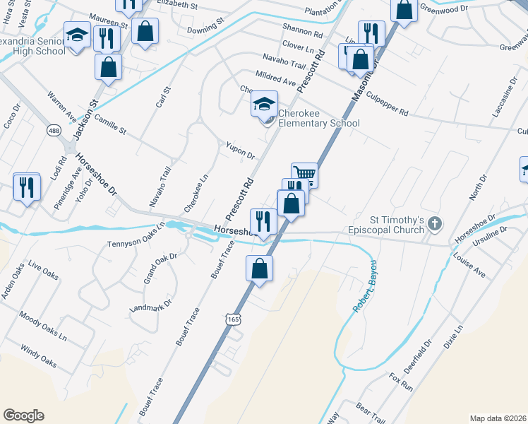 map of restaurants, bars, coffee shops, grocery stores, and more near 2145 Horseshoe Drive in Alexandria