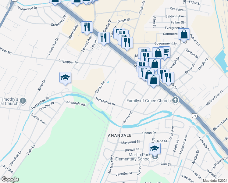 map of restaurants, bars, coffee shops, grocery stores, and more near 5403 Jacquella Drive in Alexandria