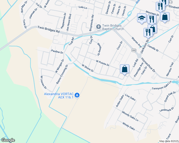 map of restaurants, bars, coffee shops, grocery stores, and more near 608 West Shore Drive in Alexandria