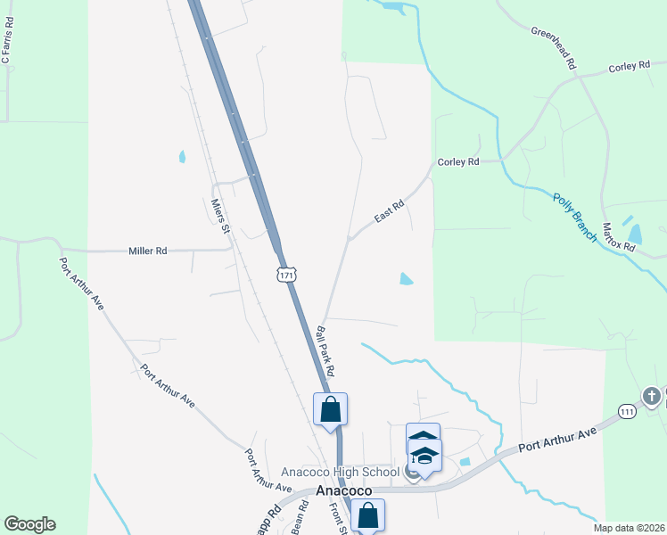map of restaurants, bars, coffee shops, grocery stores, and more near 229-357 Ball Park Road in Anacoco