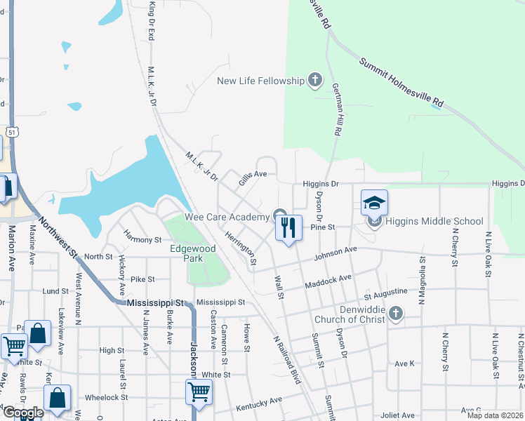 map of restaurants, bars, coffee shops, grocery stores, and more near 317 Lynn Avenue in McComb