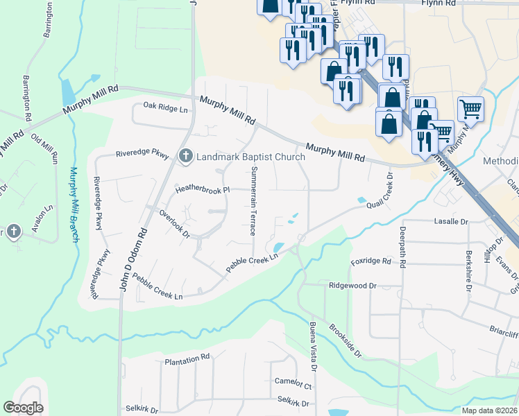 map of restaurants, bars, coffee shops, grocery stores, and more near 500 Summerrain Terrace in Dothan