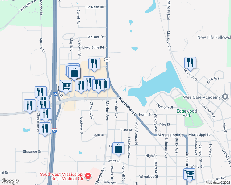 map of restaurants, bars, coffee shops, grocery stores, and more near 1057 Northwest Street in McComb