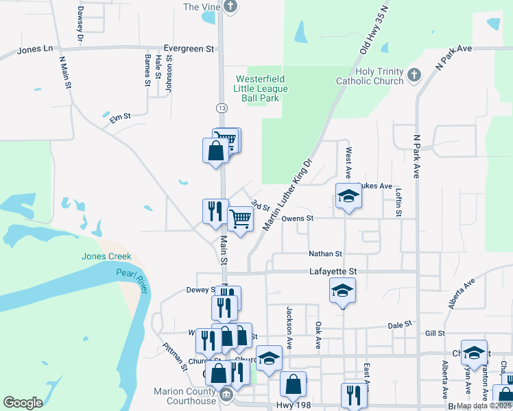 map of restaurants, bars, coffee shops, grocery stores, and more near 3rd Street in Columbia