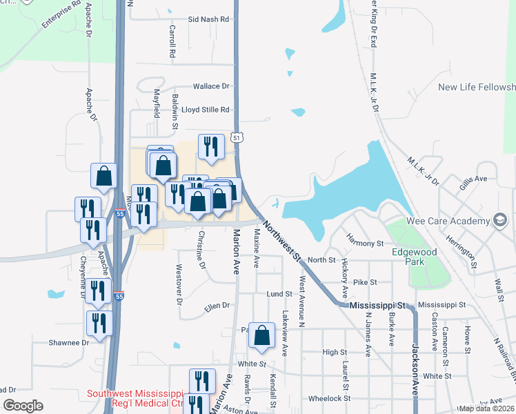 map of restaurants, bars, coffee shops, grocery stores, and more near 1057-1099 Northwest St in McComb