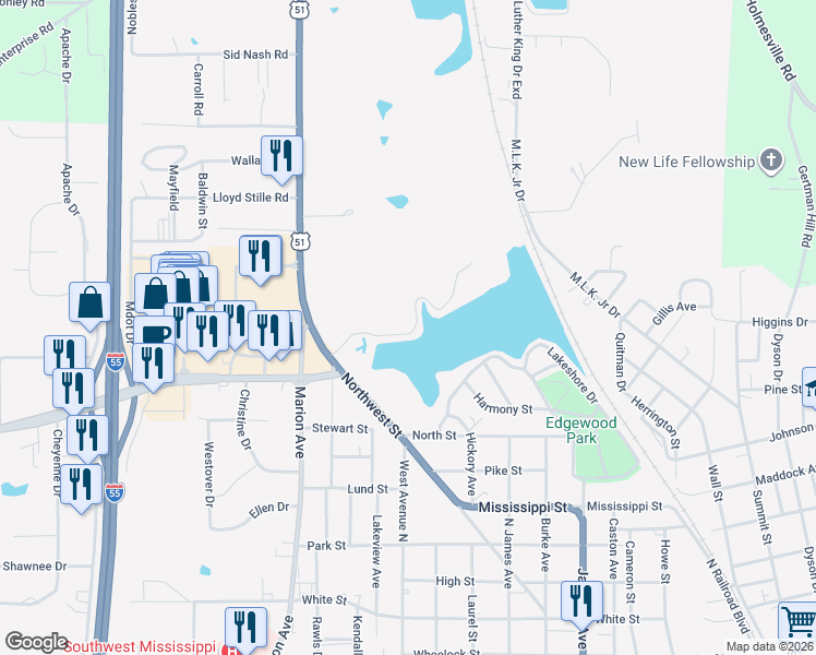 map of restaurants, bars, coffee shops, grocery stores, and more near 179 Cedar Ridge Road in McComb