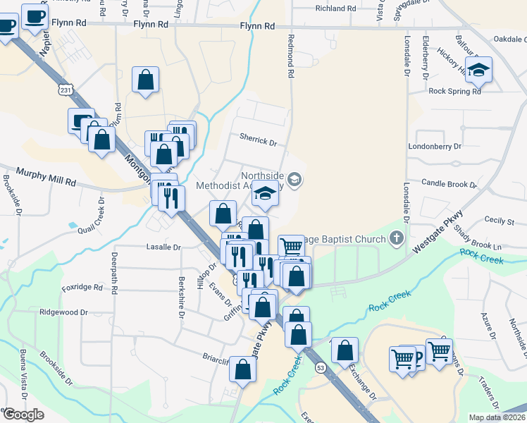 map of restaurants, bars, coffee shops, grocery stores, and more near 2605 Redmond Road in Dothan