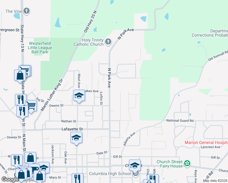 map of restaurants, bars, coffee shops, grocery stores, and more near 1100-1196 North Park Avenue in Columbia