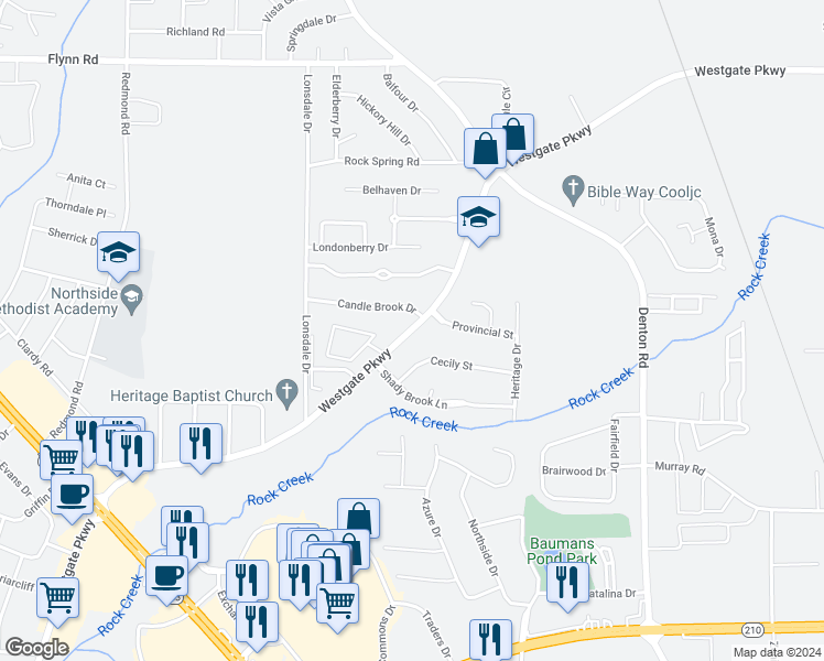 map of restaurants, bars, coffee shops, grocery stores, and more near 2253 Westgate Parkway in Dothan