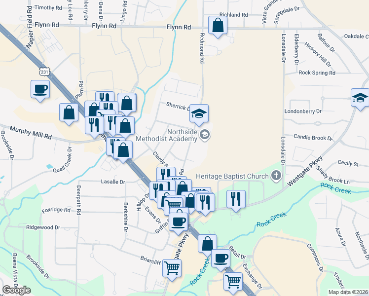 map of restaurants, bars, coffee shops, grocery stores, and more near 2605 Redmond Rd in Dothan