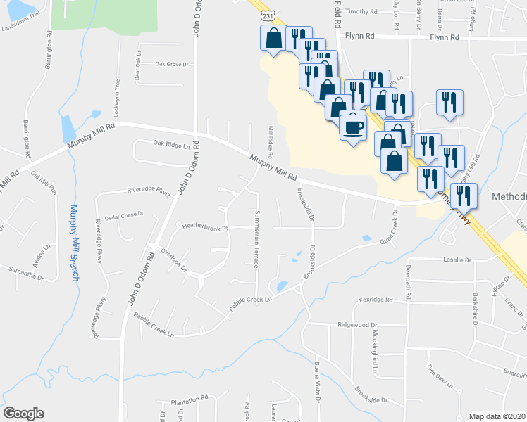 map of restaurants, bars, coffee shops, grocery stores, and more near 604 Summerrain Terrace in Dothan