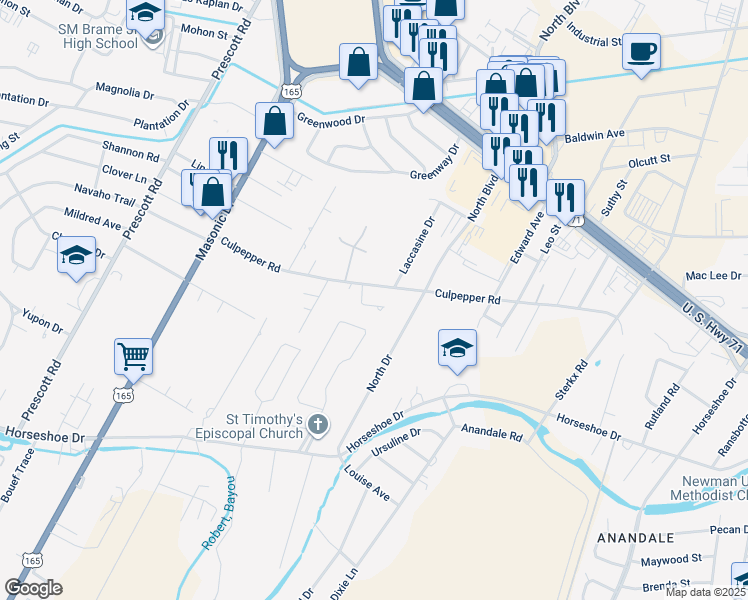 map of restaurants, bars, coffee shops, grocery stores, and more near 2521 Riverwynd Drive in Alexandria