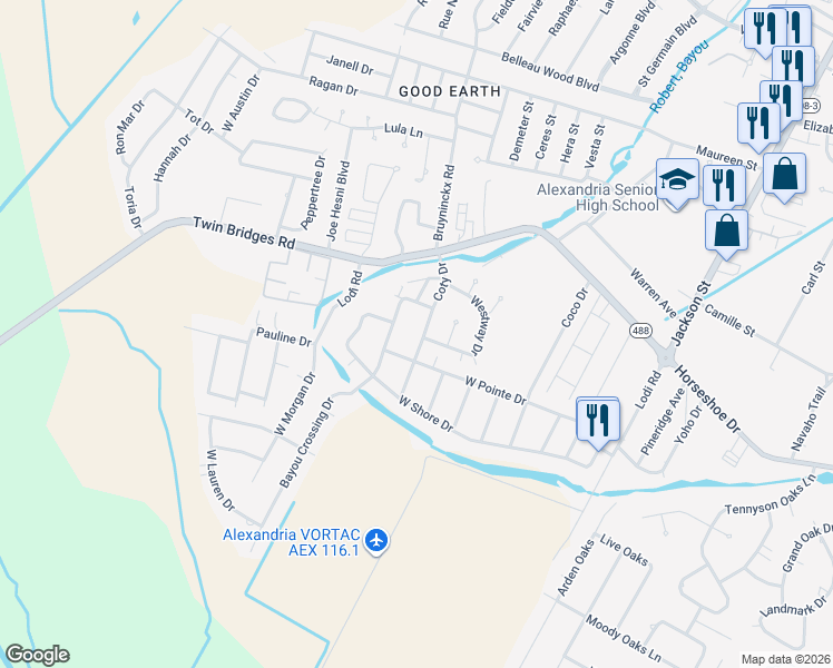 map of restaurants, bars, coffee shops, grocery stores, and more near 6006 Coty Drive in Alexandria