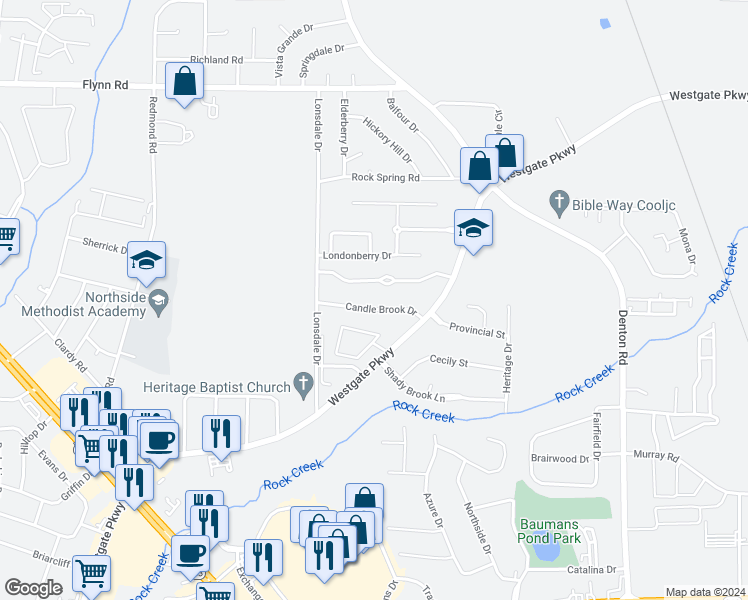 map of restaurants, bars, coffee shops, grocery stores, and more near 142 Candle Brook Drive in Dothan