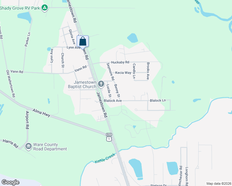 map of restaurants, bars, coffee shops, grocery stores, and more near 3779 Benny Street in Waycross
