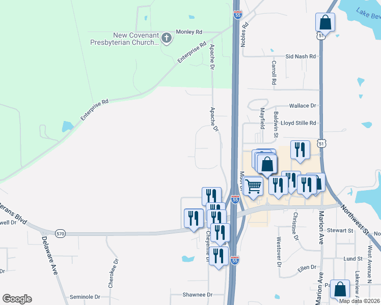 map of restaurants, bars, coffee shops, grocery stores, and more near 1072 Brandon Drive in McComb