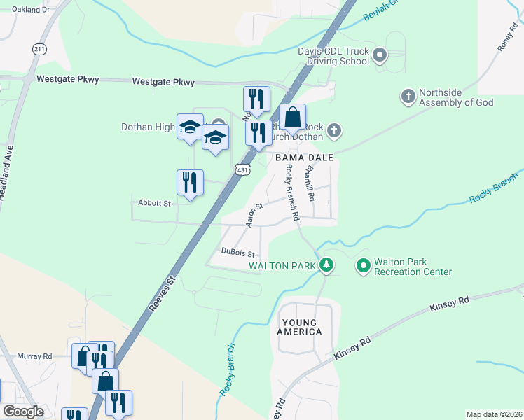 map of restaurants, bars, coffee shops, grocery stores, and more near 3104 Aaron Street in Dothan