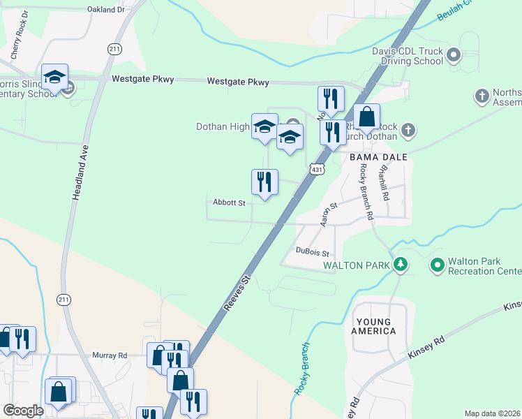 map of restaurants, bars, coffee shops, grocery stores, and more near 602 Abbott Street in Dothan