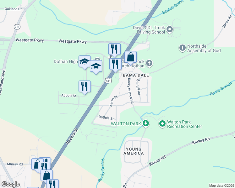 map of restaurants, bars, coffee shops, grocery stores, and more near 3104 Aaron Street in Dothan