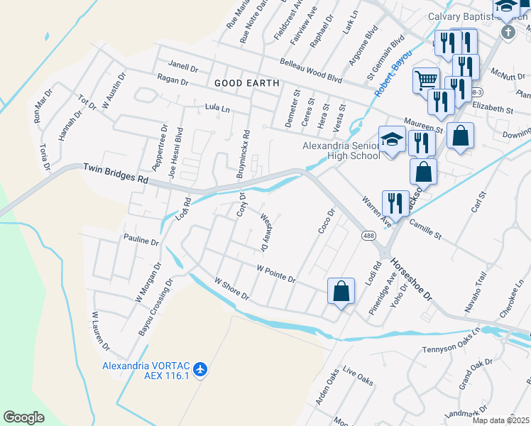 map of restaurants, bars, coffee shops, grocery stores, and more near 5913 Lynzee Drive in Alexandria