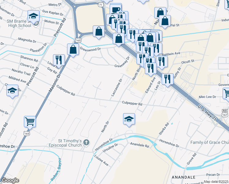 map of restaurants, bars, coffee shops, grocery stores, and more near 5325 Laccasine Drive in Alexandria
