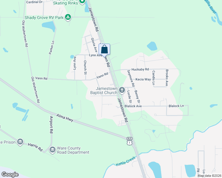 map of restaurants, bars, coffee shops, grocery stores, and more near 3835 Jamestown Road in Waycross