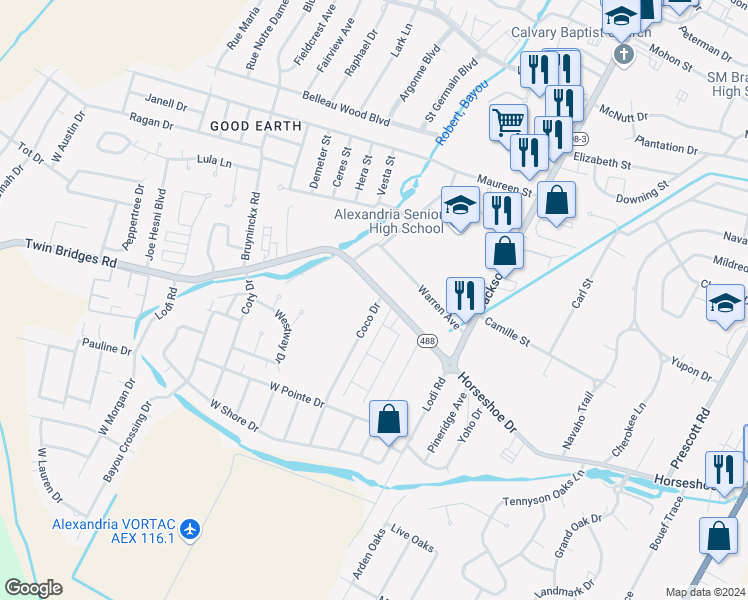 map of restaurants, bars, coffee shops, grocery stores, and more near 6108 Coco Drive in Alexandria