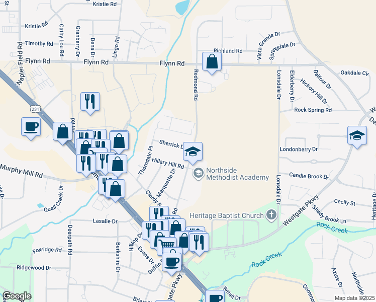 map of restaurants, bars, coffee shops, grocery stores, and more near 2601 Sherrick Drive in Dothan