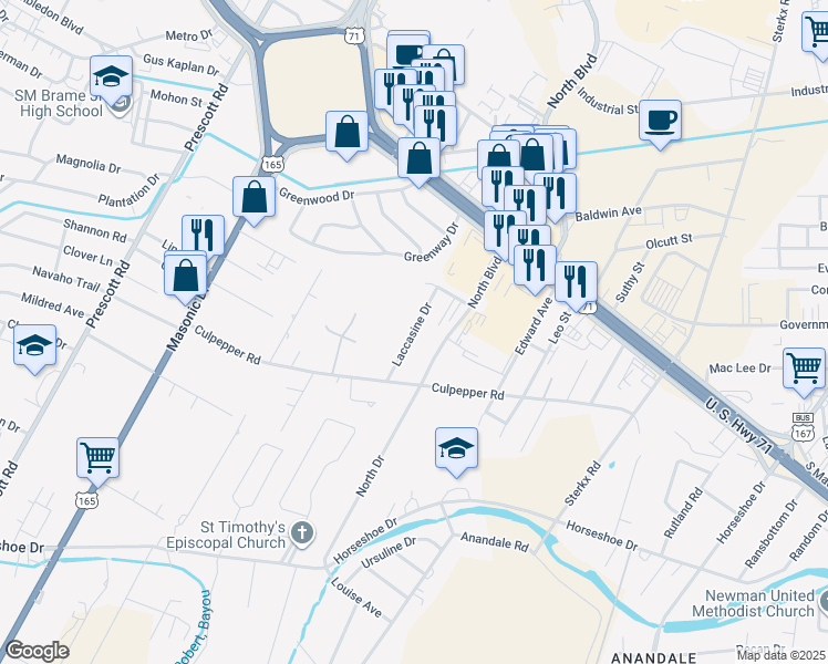 map of restaurants, bars, coffee shops, grocery stores, and more near 5305 Laccasine Drive in Alexandria