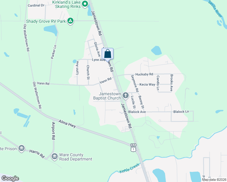 map of restaurants, bars, coffee shops, grocery stores, and more near 3835 Jamestown Road in Waycross