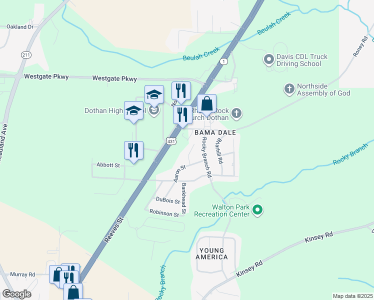 map of restaurants, bars, coffee shops, grocery stores, and more near 3207 Cherryhill Court in Dothan