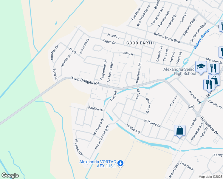 map of restaurants, bars, coffee shops, grocery stores, and more near 502 Twin Bridges Road in Alexandria