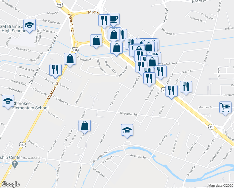 map of restaurants, bars, coffee shops, grocery stores, and more near 5301 Laccasine Drive in Alexandria
