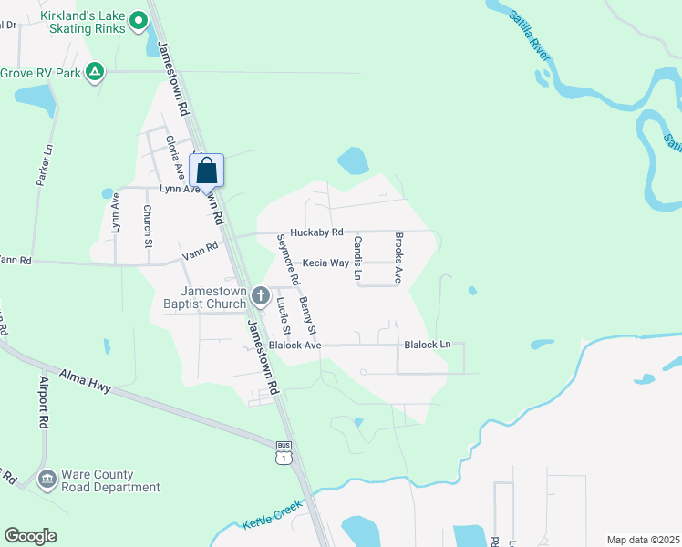 map of restaurants, bars, coffee shops, grocery stores, and more near 3803 Candis Lane in Waycross