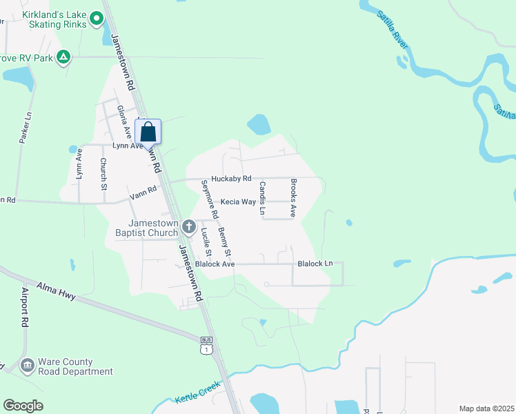 map of restaurants, bars, coffee shops, grocery stores, and more near 3803 Candis Lane in Waycross