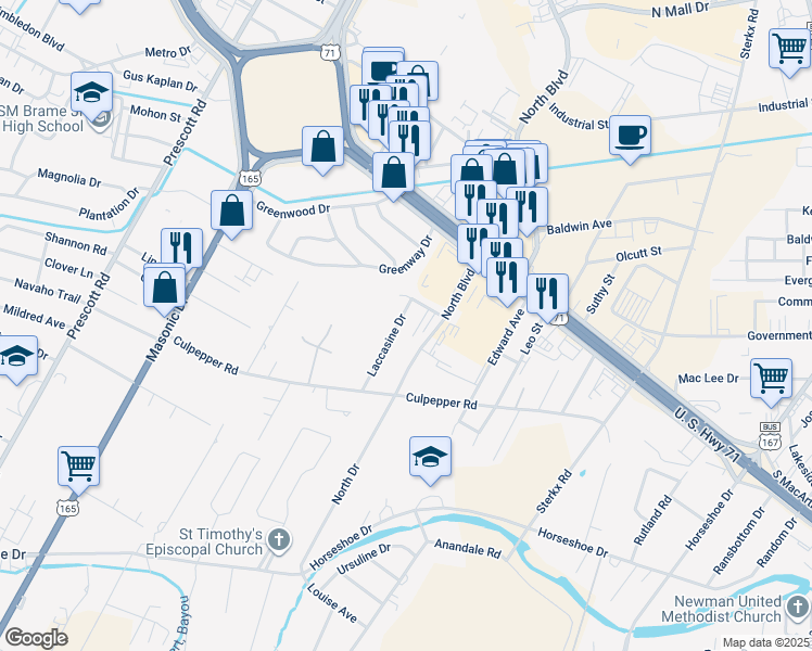 map of restaurants, bars, coffee shops, grocery stores, and more near 5305 Laccasine Drive in Alexandria