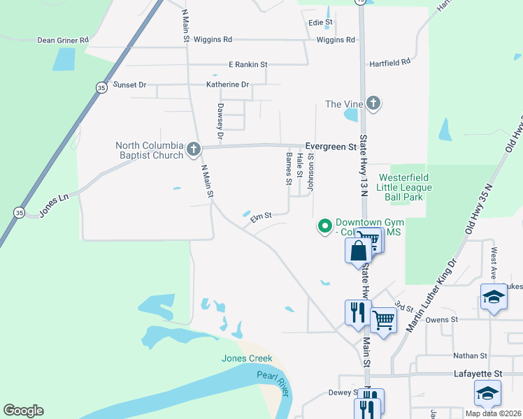 map of restaurants, bars, coffee shops, grocery stores, and more near 101-199 Elm St in Columbia