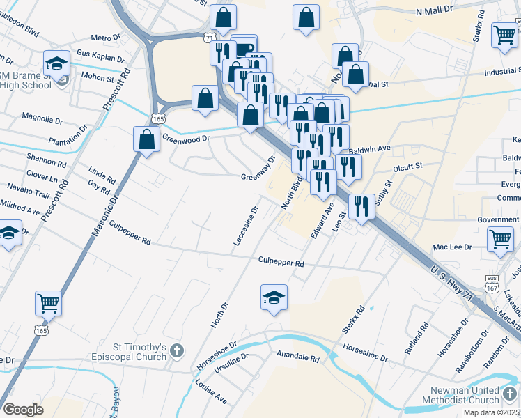 map of restaurants, bars, coffee shops, grocery stores, and more near 5204 Laccasine Drive in Alexandria