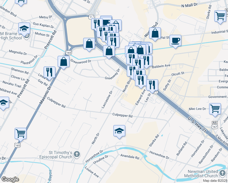 map of restaurants, bars, coffee shops, grocery stores, and more near 5204 Laccasine Drive in Alexandria