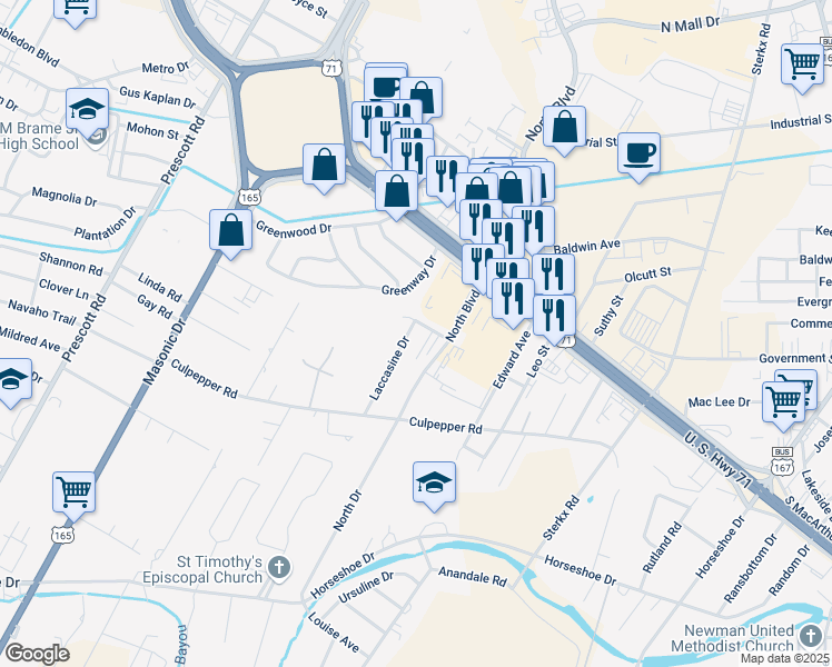 map of restaurants, bars, coffee shops, grocery stores, and more near 5205 Laccasine Drive in Alexandria