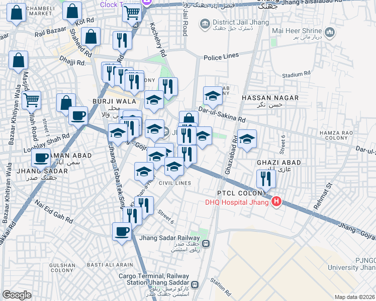 map of restaurants, bars, coffee shops, grocery stores, and more near Civil Lines S.S.P Road in Jhang