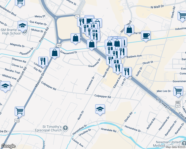 map of restaurants, bars, coffee shops, grocery stores, and more near 5204 Laccasine Drive in Alexandria