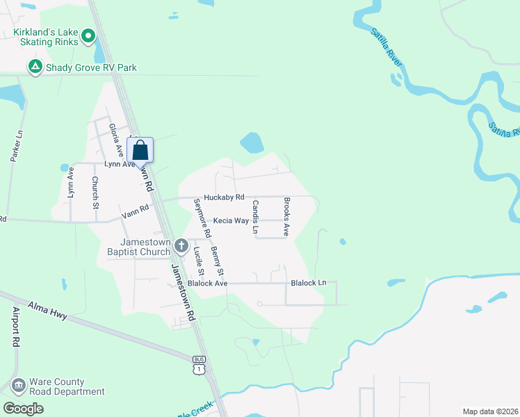map of restaurants, bars, coffee shops, grocery stores, and more near 3950 Candis Lane in Waycross