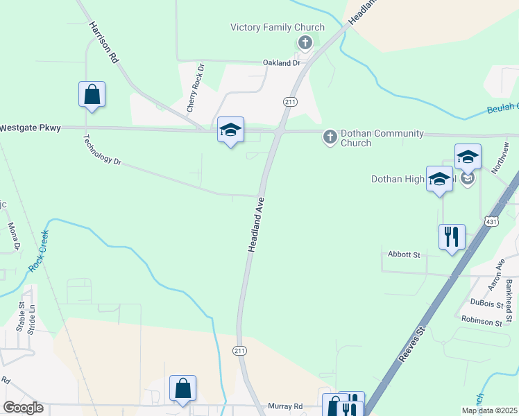 map of restaurants, bars, coffee shops, grocery stores, and more near 2560 Headland Avenue in Dothan