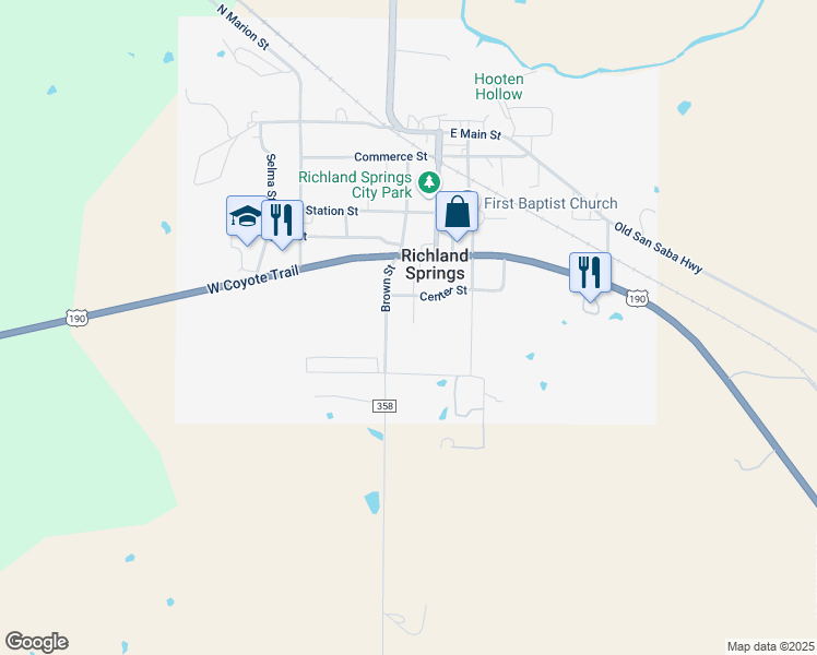 map of restaurants, bars, coffee shops, grocery stores, and more near 206 Hooten Street in Richland Springs